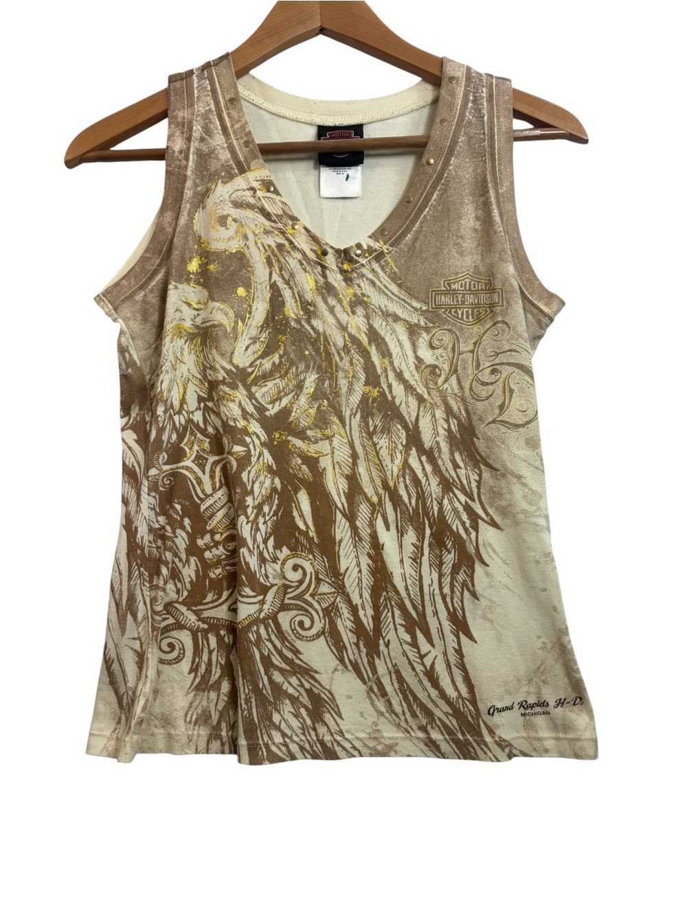 Harley Davidson Women’s Tank Top Grand Rapids Size Medium Michigan VTG Angel Tan